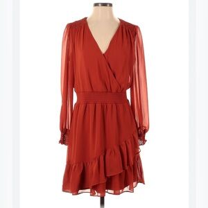 VINCE CAMUTO Dress Sz S Long Sleeve Split V-Neck Tiered Shift Burnt Orange Boho